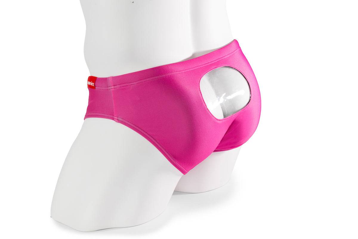 Pink swim briefs with closed window design, rear view