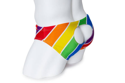 Rainbow stripe swim briefs with open window design