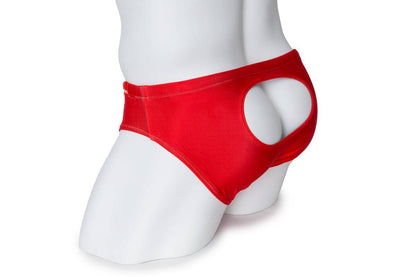 Red men's swim briefs with open window design