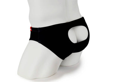 Black Open Window swim briefs with unique back design