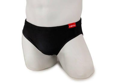 Front view of black swim briefs with red Moonie logo.