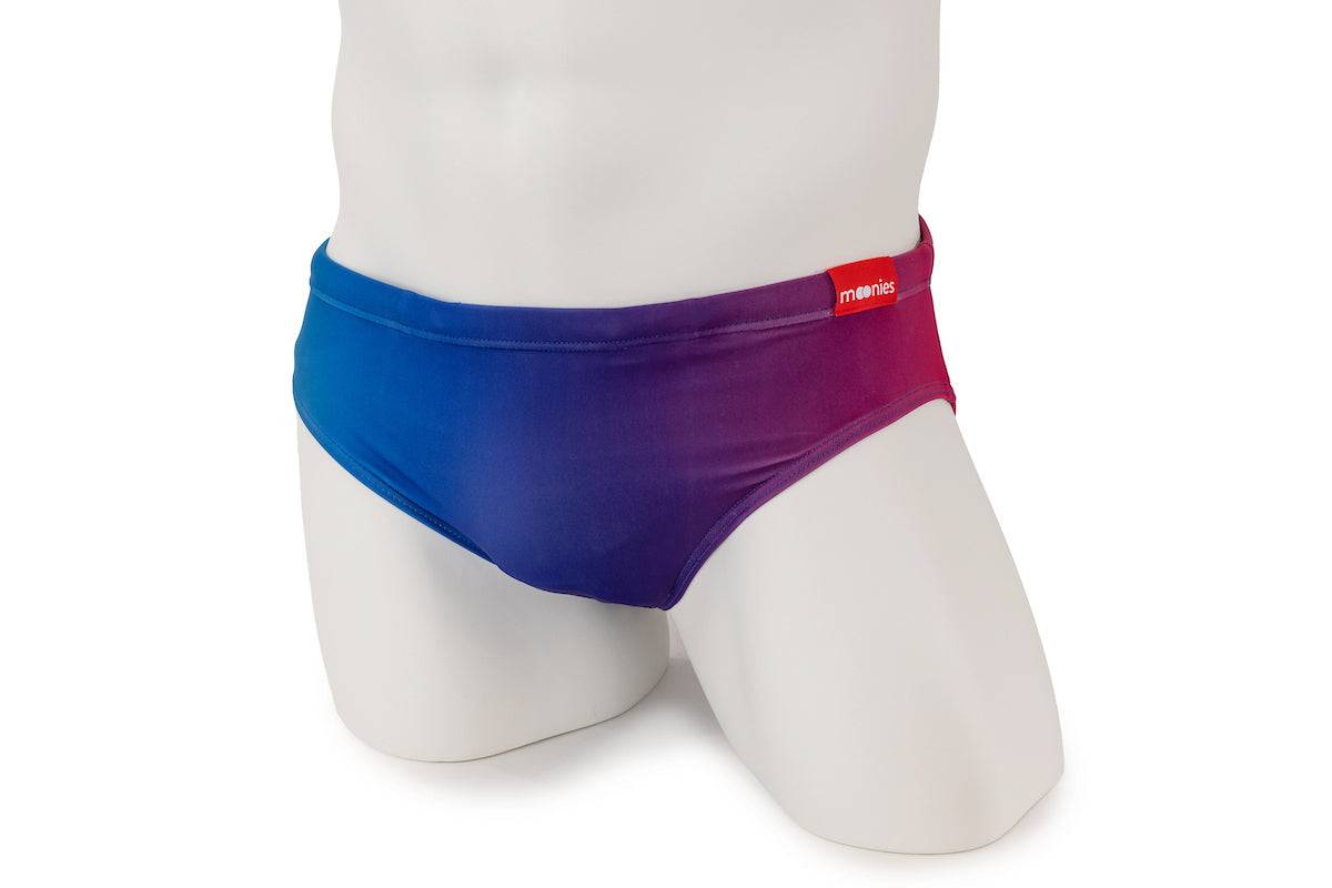 Front view of Rainbow Ombre swim briefs on mannequin