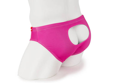 Pink men's swim brief with open window design