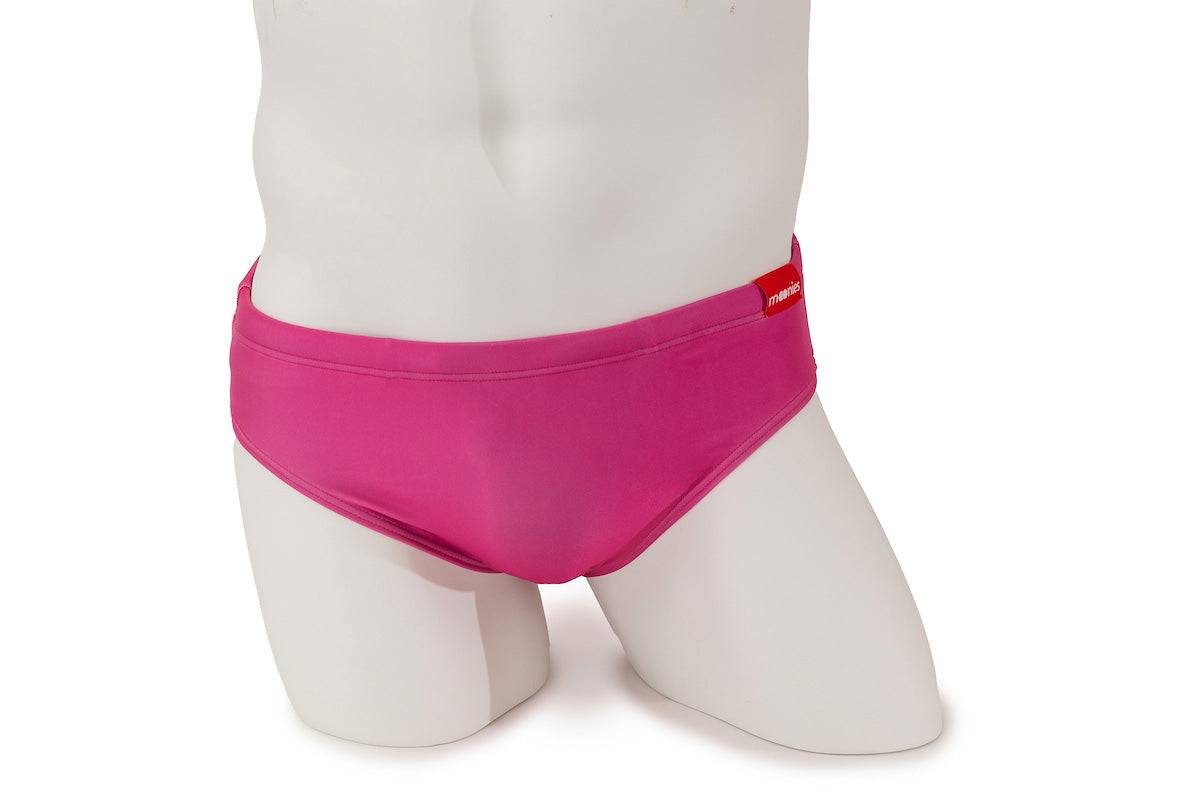 Pink swim briefs with closed window design, front view