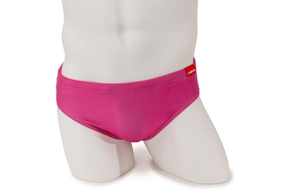 Pink swim briefs with closed window design, front view