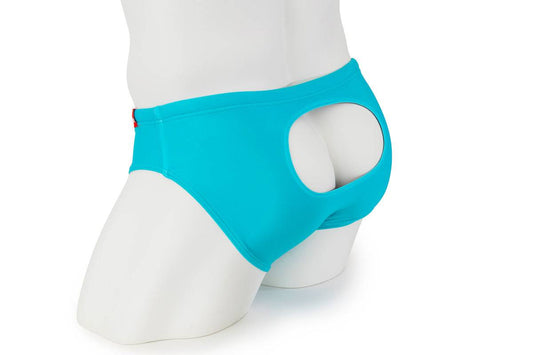 Turquoise swim briefs with open window design